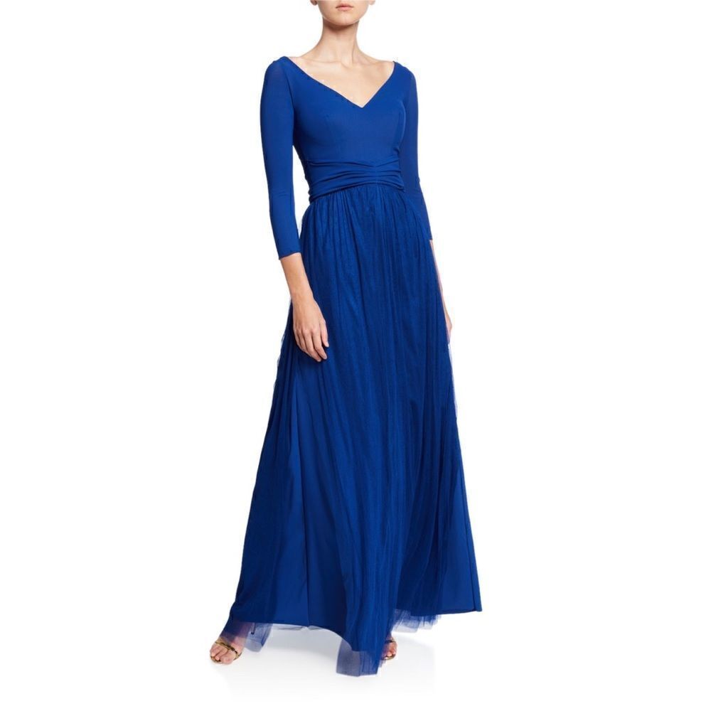 Chiara Boni V-Neck 3/4-Sleeve A-Line Gown with Sheer Skirt Overlay size 8